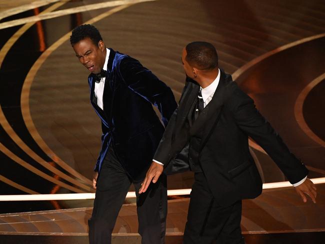 Will Smith slaps Chris Rock onstage during the Oscars. Picture: Robyn Beck / AFP