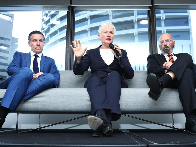 Independent candidate Kerryn Phelps next to Labor's Mark Butler and Liberal Arthur Sinodinos. Picture: John Feder