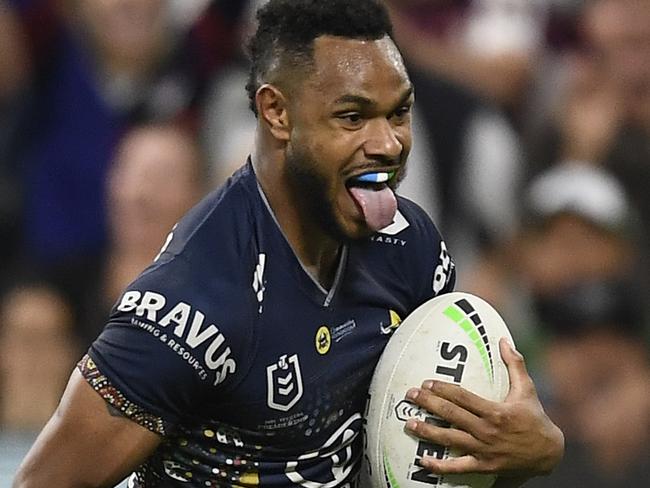 TOWNSVILLE, AUSTRALIA - MAY 28:  Hamiso Tabuai-Fidow of the Cowboys runs to score a try during the round 12 NRL match between the North Queensland Cowboys and the New Zealand Warriors at QCB Stadium, on May 28, 2021, in Townsville, Australia. (Photo by Ian Hitchcock/Getty Images)