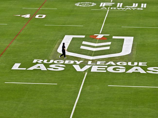 A general view of the playing field at Allegiant Stadium before the NRL Rugby League Las Vegas double header on Friday, March 1, 2024, in Las Vegas. (Photo by David Becker)