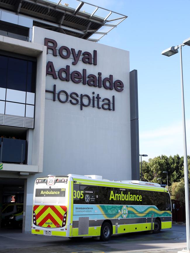 Ambulances parked at the Royal Adelaide Hospital. Picture: NewsWire / Kelly Barnes