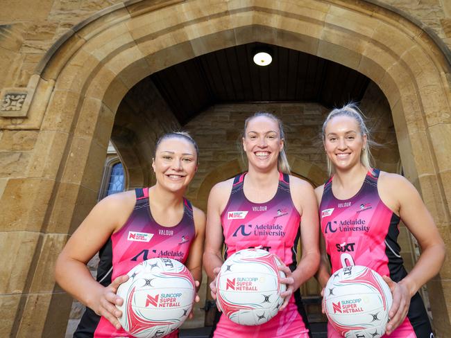 Thunderbirds Hannah Petty (centre), Georgie Horjus and Tayla Williams. Picture: Russell Millard Photography