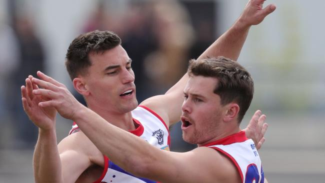 South Barwon’s Lachlan Noble celebrates a goal with Chris Hughes. Picture: Mark Wilson