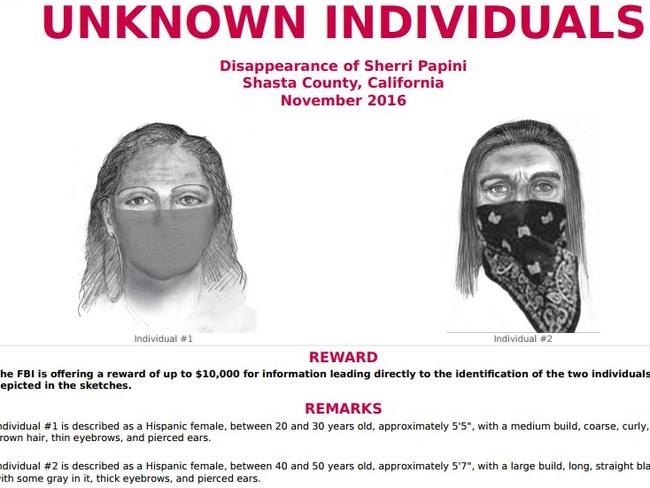 The FBI has released sketches of two female suspects wanted in connection with the unsolved kidnapping of California mum Sherri Papini. Picture: Federal Bureau of Investigation