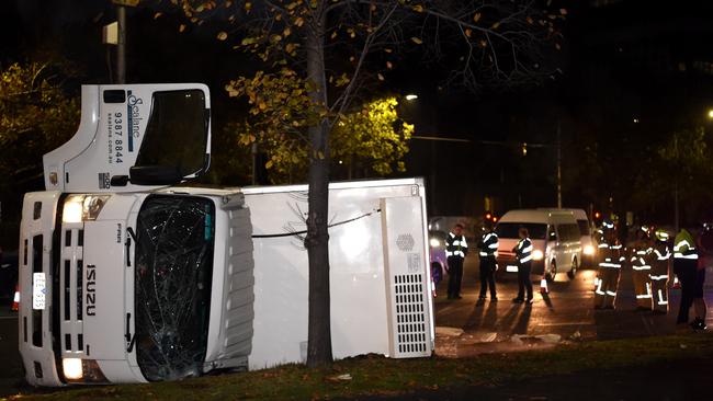 The truck rollover on St Kilda Rd. Picture: Nicole Garmston