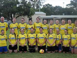 READY: 2019 Gympie United Gladiators women's squad (back from left) coach Joel Albion, Jaidyn Dennien, Adrienne Bell, Chloe Vidler, Aimee Tramacchi, Georganna Williamson, Tiahni Webber, Tara Bartley, Madison Keating, Laura Byrne, Courtney Cross, (front from left) Kylie Rason, Brooke Grima, Kylie Wheeler, Sammie Sutton, Stacey Mochalski, Casey Stringer, Tanya Albion, Sam Bradshaw, Zoe Morrison. Picture: Josh Preston