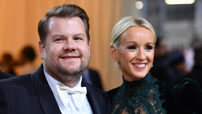 Corden with wife Julia Carey. Picture: Angela Weiss/AFP