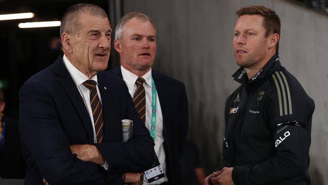 Outgoing Hawthorn president Jeff Kennett with director Richie Vandenberg and coach Sam Mitchel. Picture: Michael Klein