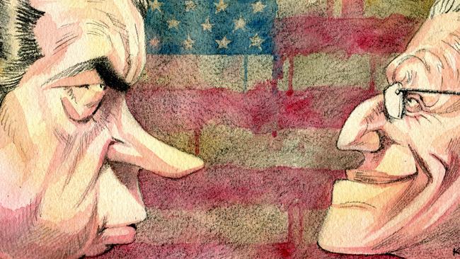 OZ Review art- Woodward interview. Richard Nixon (L) and Bob Woodward with US flag between them. Artwork by Sturt Krygsman.