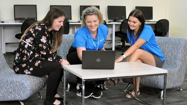 B BLock at the Gympie USC campus 2020: USC Gympie students Kristen Schlein, Hayley Brennan and Taylor Mosk try out the new learning space, which is designed for quiet individual study and group work.