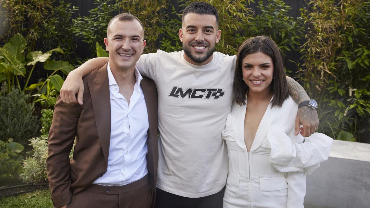 Portelli pictured with contestants Steph and Gian, who’s house he paid $5m for. Picture: Supplied/Channel 9