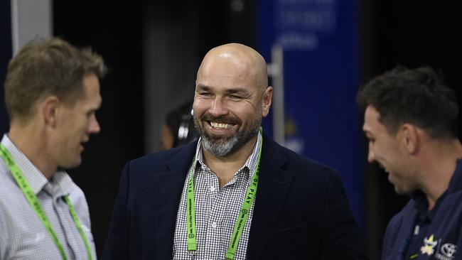 Micheal Luck, Todd Payten and Reece Robson share a laugh before the Dragons game. Picture: Ian Hitchcock/Getty Images