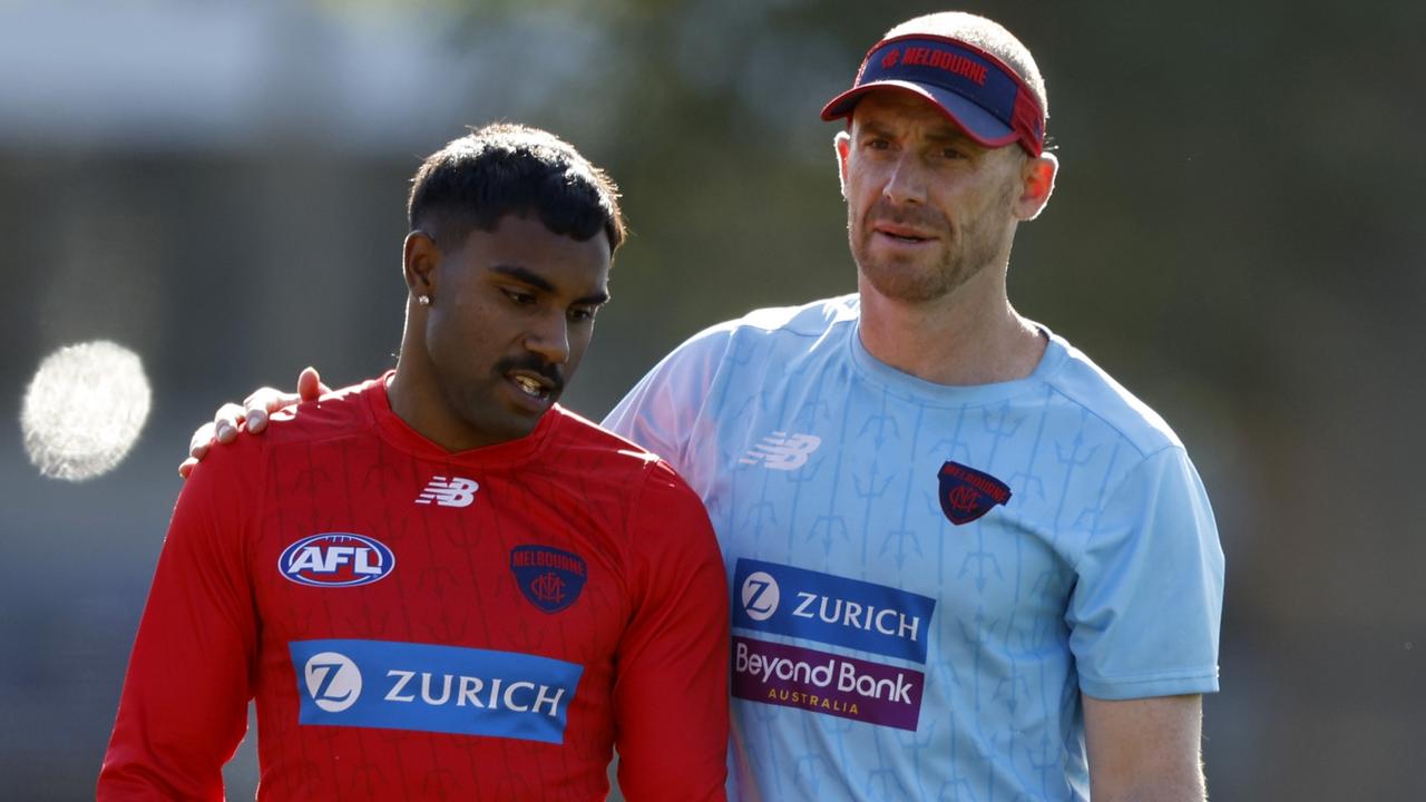 Melbourne coach Simon Goodwin (right) says Kysaiah Pickett can keep improving his attack on the ball after a third suspension in 12 months. Picture: Darrian Traynor / Getty Images