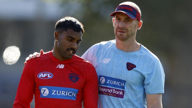 Melbourne coach Simon Goodwin (right) says Kysaiah Pickett can keep improving his attack on the ball after a third suspension in 12 months. Picture: Darrian Traynor / Getty Images