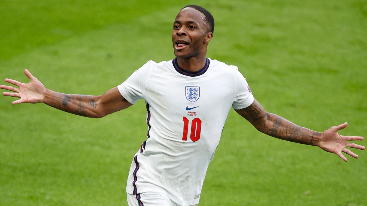 TOPSHOT - England's forward Raheem Sterling celebrates the first goal during the UEFA EURO 2020 round of 16 football match between England and Germany at Wembley Stadium in London on June 29, 2021. (Photo by JOHN SIBLEY / POOL / AFP)