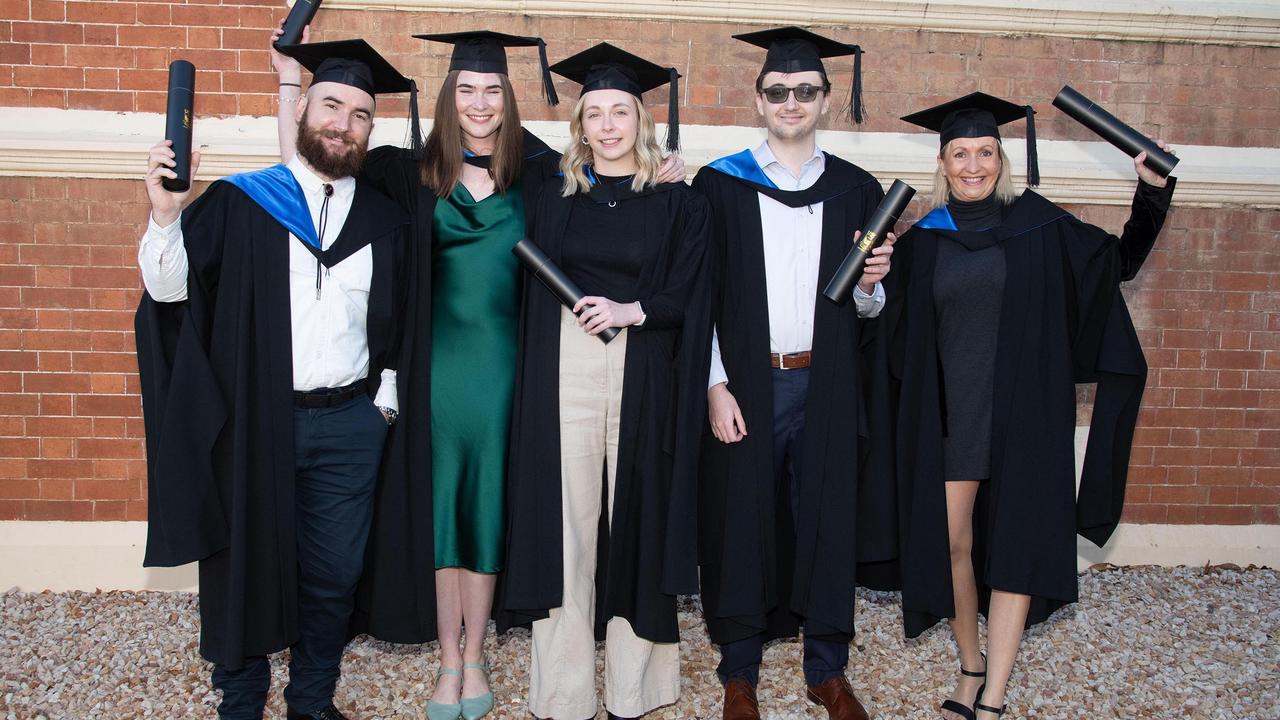 Masters in Clinical Psychology graduates, from left; Bernard Borserio, Georgia Coonan, Olivia Yaksich, Christopher Wright and Faye Shann. UniSQ graduation ceremony at Empire Theatre, Tuesday June 27, 2023.