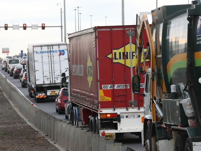 Trucks line up to get onto the Westgate freeway on the ramp off Williamstown rd in Yarraville (Not many trucks coming in on Melb rd). Wednesday, July 4. 2018. Picture: David Crosling