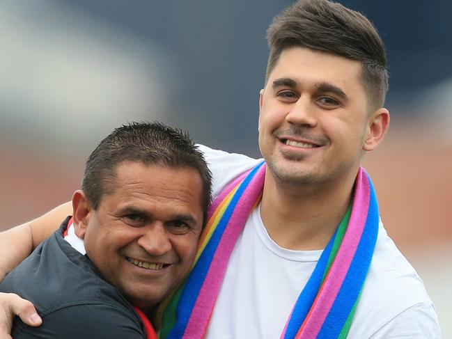 Nicky Winmar & son Tynan at Victoria Park Picture:Wayne Ludbey Story Mark Robinson #Please do not use before talking with Matthew Kitchin Herald Sun Sport