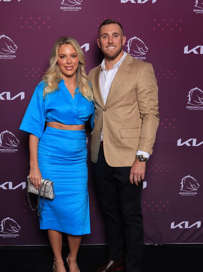 Kurt Capewell and Skye Bealham at the Brisbane Broncos’ season launch at Water’s Edge, Hamilton. Picture: David Clark