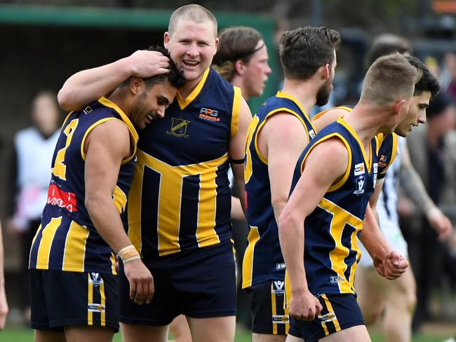 Nick Grigg (centre) of Rubertswood reacts during the RDFL grand final, Sunbury, Sunday, September 15, 2019. RDFL footy grand final: Rupertswood v Wallan. (AAP Image/James Ross) NO ARCHIVING