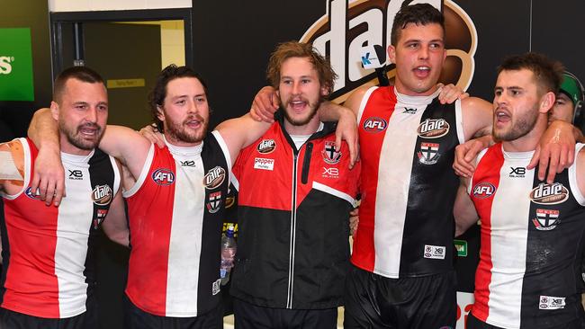 St Kilda players celebrate their win over Carlton. Picture: Getty Images