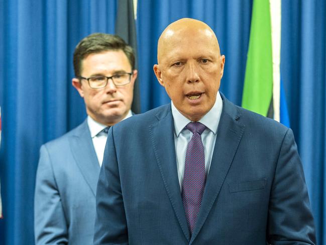 Opposition Leader Peter Dutton and National Party Leader David Littleproud announcing the Coalition frontbench. Picture: Richard Walker