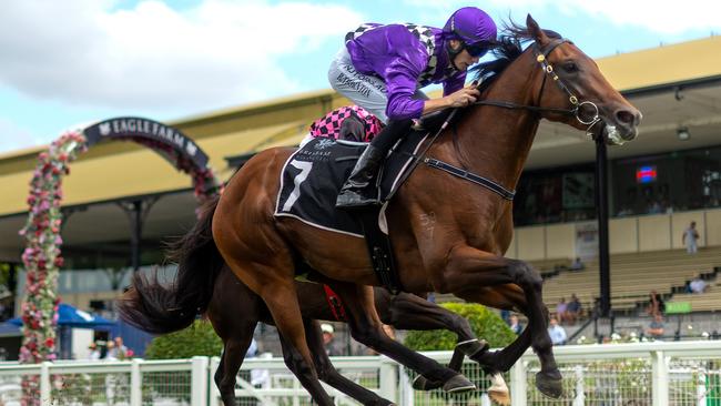 Jockey Boris Thornton rides Tumbler Ridge to victory in race 3, the QTIS 2YO Handicap, during Saturday race day at Eagle Farm on March 7, 2020. Picture: Albert Perez.