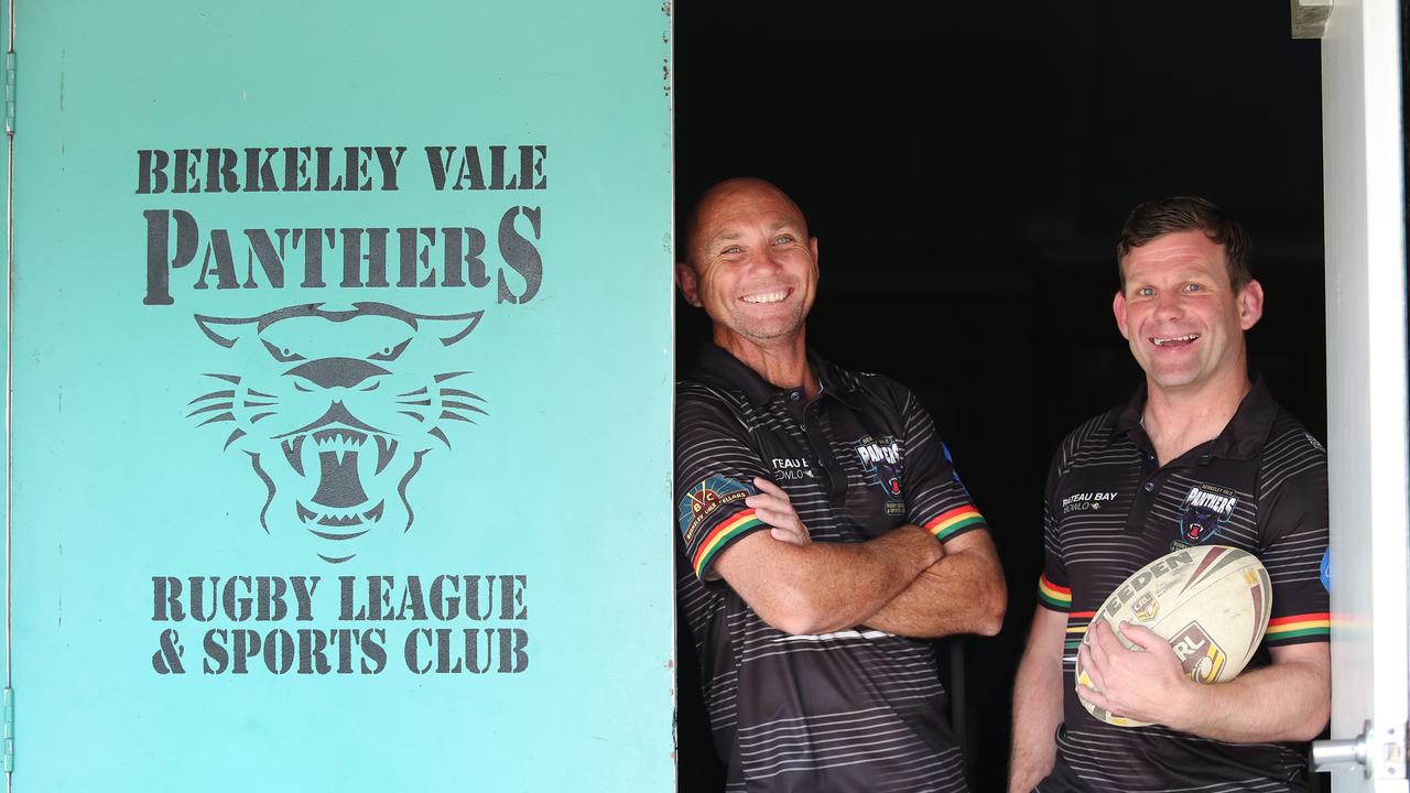 Footy coach Jamy Forbes pictured at Berkley Vale with his best mate Alex Moore Tuesday 3rd December 2019.Alex convinced him  to get back into coaching, joining him at Berkeley Vale.(AAP Image/Sue Graham)