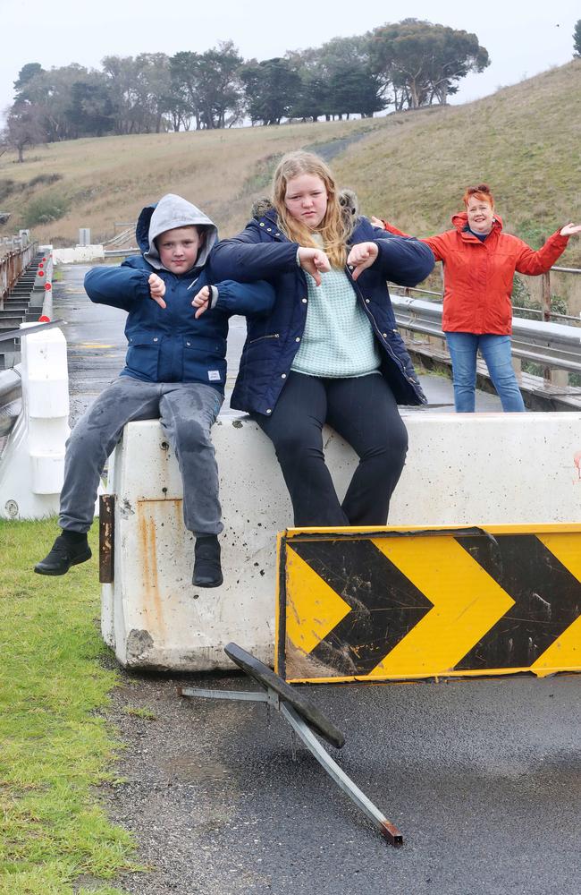 Julie Oataway is frustrated by the closure of the Pollocksford Rd bridge. It means she is cut off from her grandchildren Billy, 9, and Ebony, 12, who live in Bannockburn.. Picture: Alan Barber