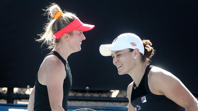 Ash Barty and Storm Sanders joined forces to win their doubles opener at the Adelaide International. Picture: Getty Images