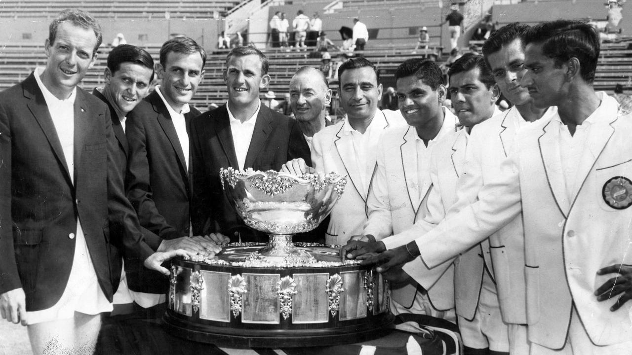 Fred Stolle (far left) helped Australia win three Davis Cup titles. Photo: Herald Sun