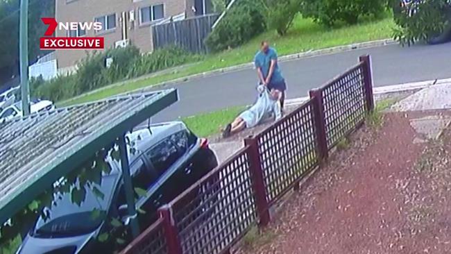 CCTV shows Farag Barsoum, 70, being dragged onto the road by his stepson Mark Morgan, 30, on Sunday afternoon outside their homeon The Parade, Telopea. Picture: Channel 7