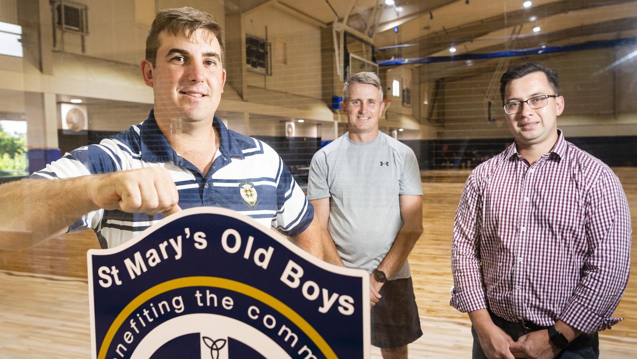 St Mary's Old Boys Association members (from left) Louis Reen, Rob Thomas and Jeremy Cotter in the Clive Berghofer Arena. The Arena was a project of the Old Boys completed in 2006 and is now undergoing renovation. Picture: Kevin Farmer