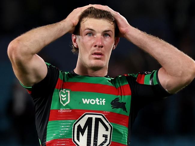 SYDNEY, AUSTRALIA - SEPTEMBER 01:  Campbell Graham of the Rabbitohs looks dejected after the round 27 NRL match between South Sydney Rabbitohs and Sydney Roosters at Accor Stadium on September 01, 2023 in Sydney, Australia. (Photo by Matt King/Getty Images)