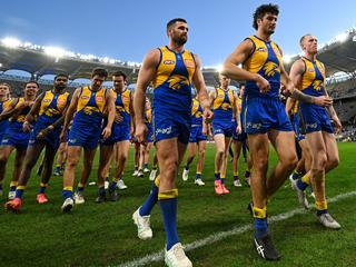 PERTH, AUSTRALIA - JUNE 01: The Eagles leave rogue field after the loss during the 2024 AFL Round 12 match between the West Coast Eagles and the St Kilda Saints at Optus Stadium on June 01, 2024 in Perth, Australia. (Photo by Daniel Carson/AFL Photos via Getty Images)