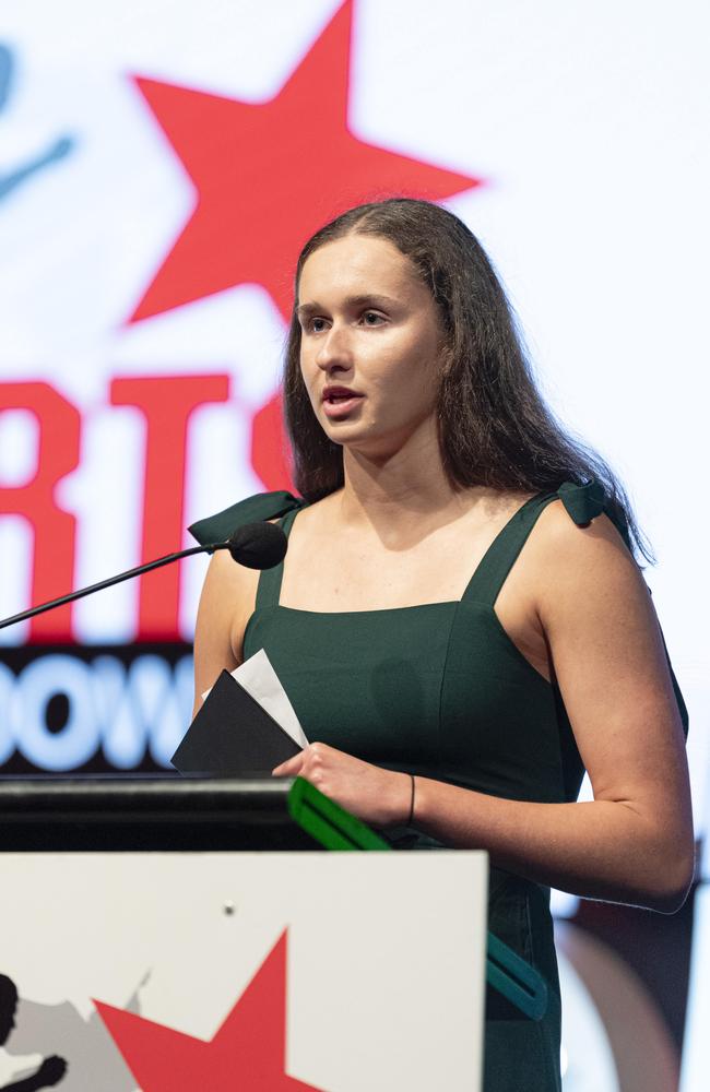 Sports Darling Downs Braydon Smith Memorial Senior Chase Your Dream Award recipient Sienna Deurloo on stage at the presentation dinner at Rumours International, Saturday, February 1, 2025. Picture: Kevin Farmer