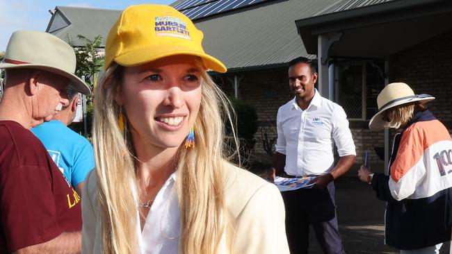 Leon Rebello (behind) and Erchana Murray-Bartlett campaigning at Tugun Village Community Centre on Saturday. Picture: Glenn Hampson