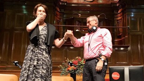 Jon Faine and his replacement Virginia Trioli at Faine's farewell show at Town Hall in Melbourne. Source: Twitter