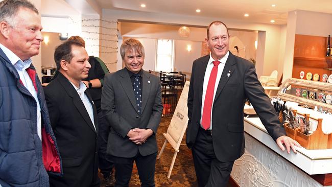 Fraser Anning with his Conservative National Party candidates Peter Manuel, Rajan Vaid and Adrian Cheok at the German Arms in Hahndorf. Picture: Tom Huntley