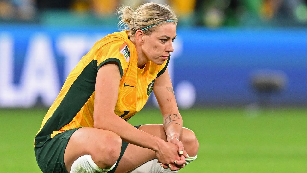 A miscommunication between Kennedy and Mackenzie Arnold cost Australia a second goal. Picture: Bradley Kanaris/Getty Images