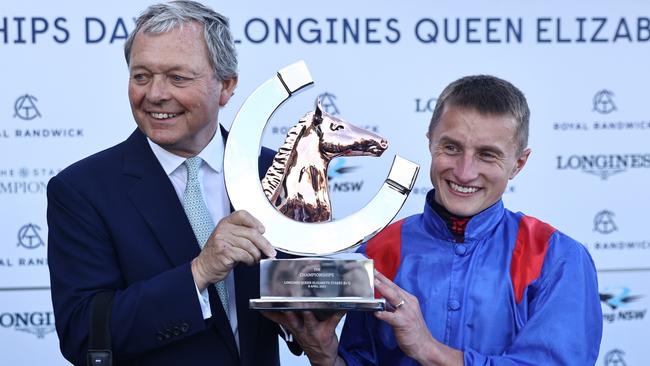 SYDNEY, AUSTRALIA - APRIL 08: Tom Marquand riding Dubai Honour wins  Race 8 Longines Queen Elizabeth Stakes during The Star Championship Day 2: Longines Queen Elizabeth Stakes Day - Sydney Racing at Royal Randwick Racecourse on April 08, 2023 in Sydney, Australia. (Photo by Jeremy Ng/Getty Images)