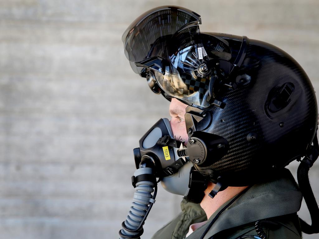Australian Pilots training in the F35 fighter Jets Luke Airforce Base in Phoenix Arizona. Squadron leader Chris Baker with the Million dollar flight helmet. Picture: Nathan Edwards