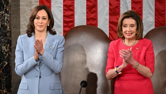 US House Speaker Nancy Pelosi and US Vice President Kamala Harris applaud prior to the address of Greek Prime Minister Kyriakos Mitsotakis during a joint session of Congress at the US Capitol in Washington, DC, on May 17, 2022. (Photo by Jim WATSON / AFP)