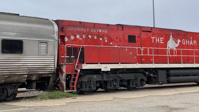 The Ghan sits damaged in the Alice Springs terminal after a collision with a cattle truck yesterday. Picture: Gera Kazakov