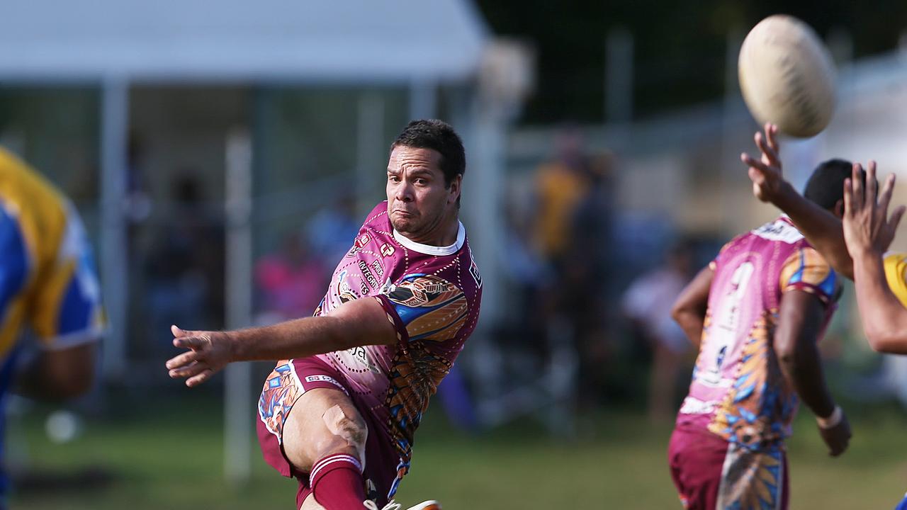 Action from the Cairns District Rugby League match between the Kangaroos and Yarrabah, held at Vico Oval, Mooroobal. Photo of Yarrabah's Brian Murgha. Picture: Brendan Radke.