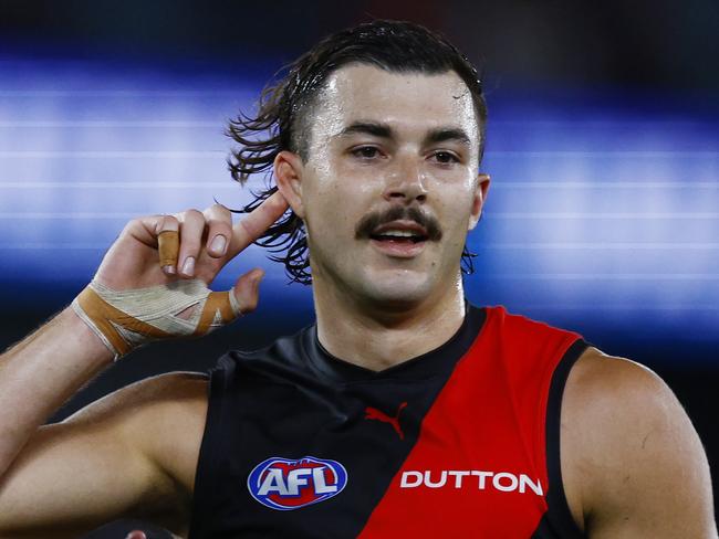 NCA. MELBOURNE, AUSTRALIA. 27th March, 2025 .  AFL. Round 3. Essendon vs Port Adelaide at Marvel Stadium.  Sam Draper of the Bombers after kicking  a 1st quarter goal  . Picture: Michael Klein