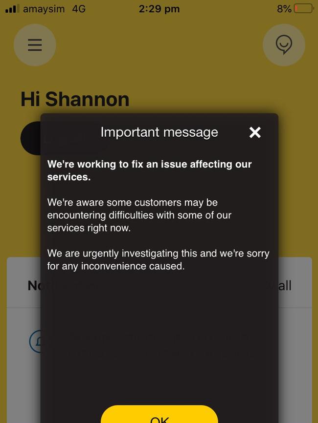 The Commonwealth Bank app has posted a notice about its services being down. Source: Twitter