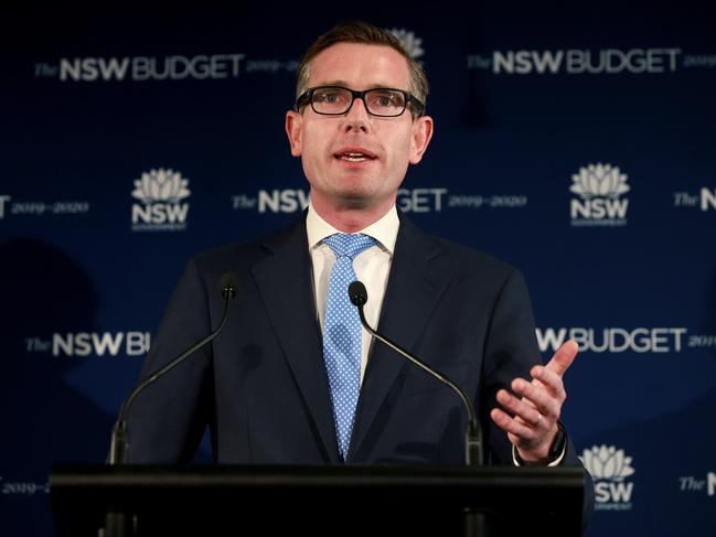 State Treasurer Dominic Perrottet speaks to the media after handing down the Liberal Government's budget after winning the state election in March. Picture: Toby Zerna