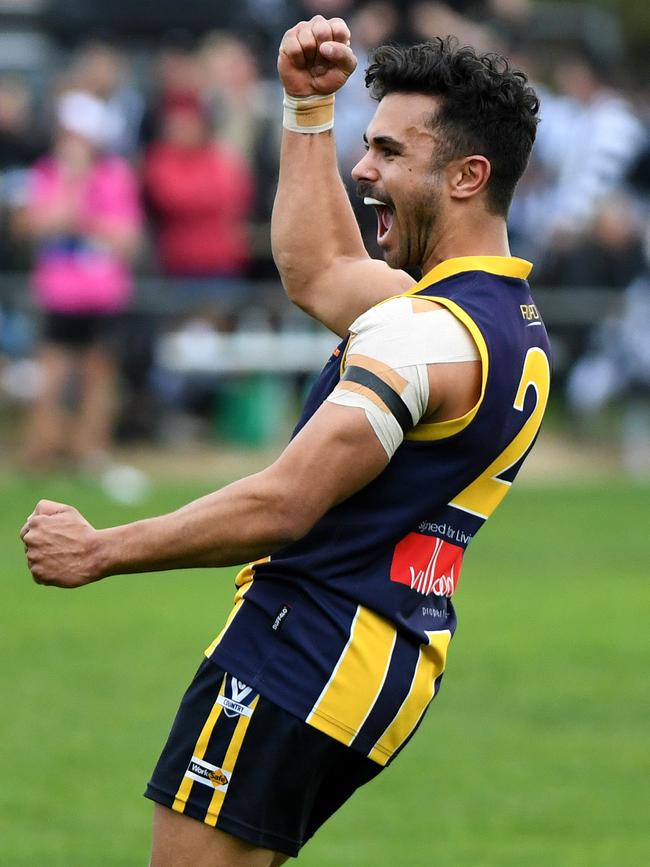 Matthew Knight celebrates a goal for Rupertswood.