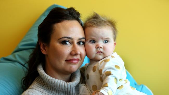 Pictured at the Gold Coast Private Hospital at Southport New Mum Leanne Fletcher and her 7 month old Baby Emelia Butcher after attending the New bub settling course on offer at the Gold Coast private hospital. Picture Mike Batterham